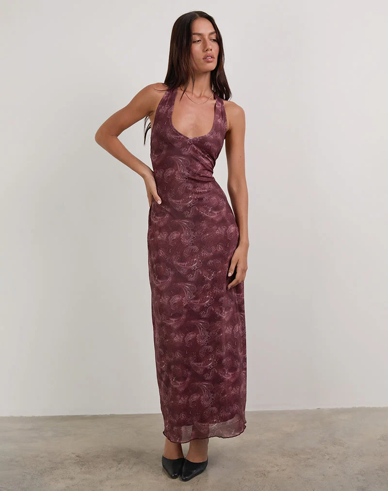 Datari Maxikleid aus Mesh Tonal Paisley Pflaume