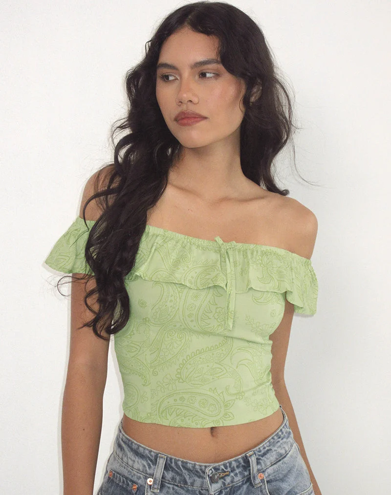 Yokai Bardot Top in Retro Paisley Limette