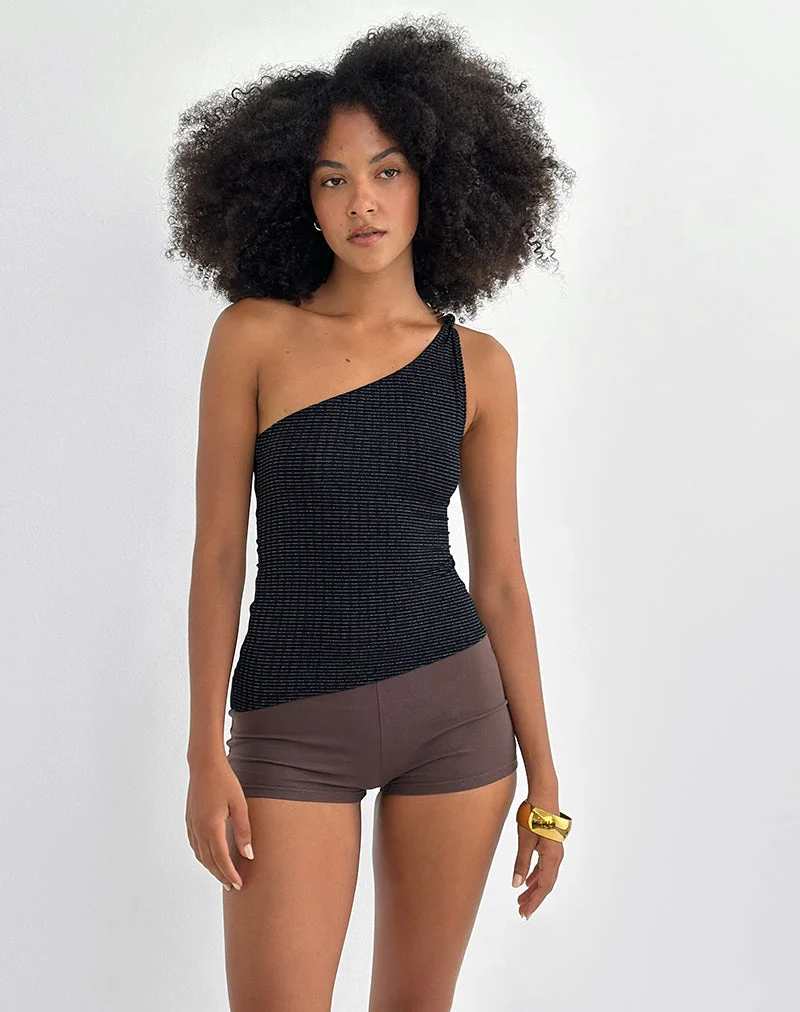 Idari One Shoulder Top aus metallisch gestreiftem Jersey Schwarz