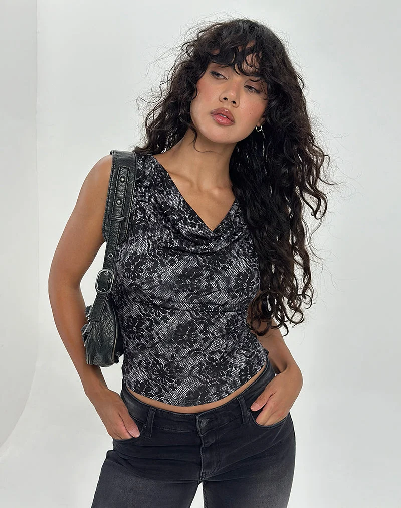 Lizette Cowl Neck Top in Midnight Floral Grau