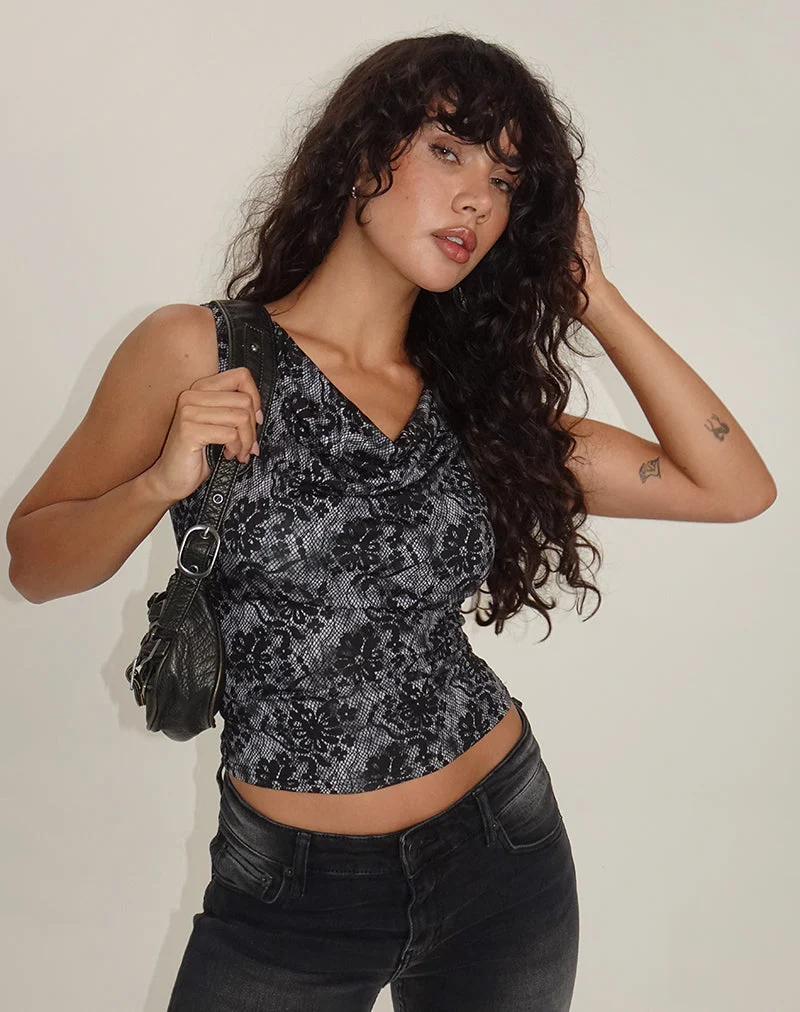Lizette Cowl Neck Top in Midnight Floral Grau