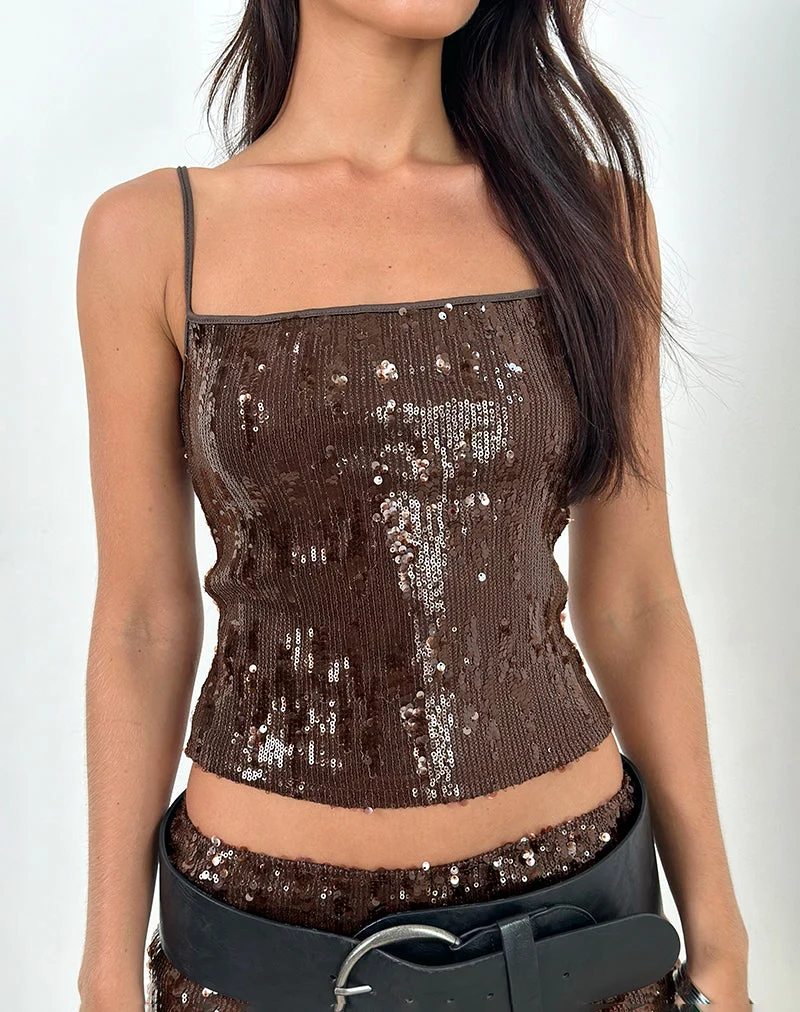 Biyaya Cami Top mit Bindeband in Paillettenbraun