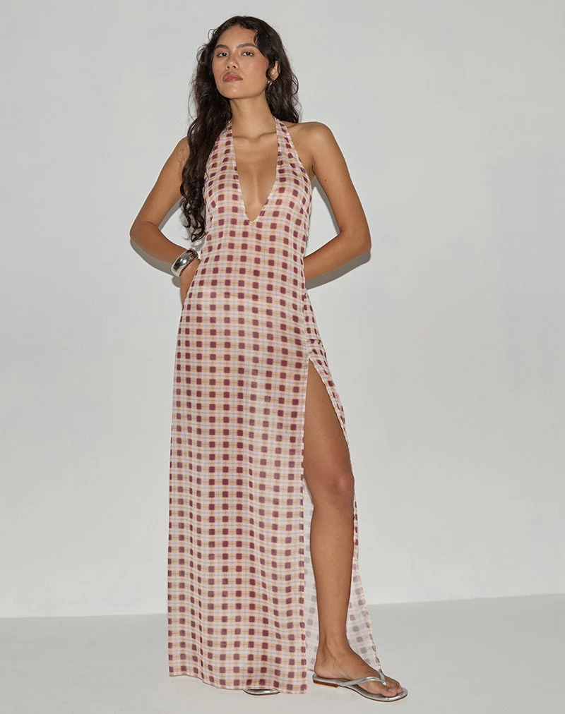 Driti Maxikleid aus Chiffon mit verschwommenem Karo Pfirsich