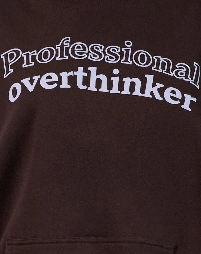 Übergroßer Kapuzenpullover in Bitterschokolade mit Overthinker-Print