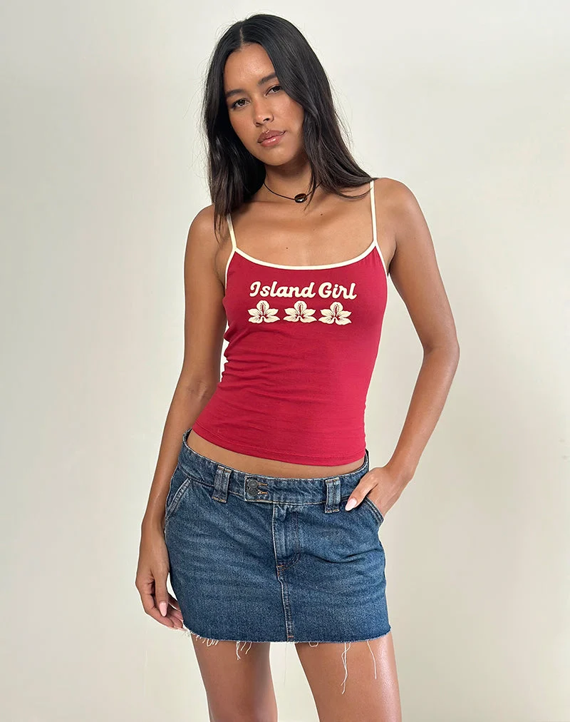 Solani Top in Adrenalinrot mit Steinbindung und Island Girl Grafik