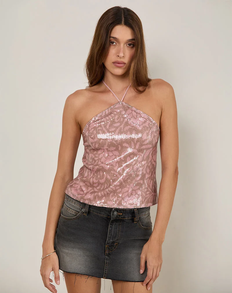 Tirich Neckholder-Top in Boho Batik Pailletten Rosa