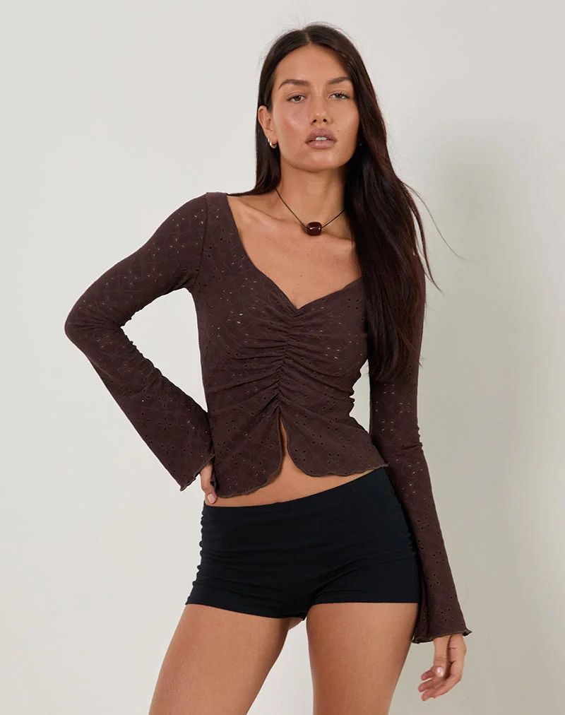 Flonne Rüschen-Top aus Stretch-Broderie Braun