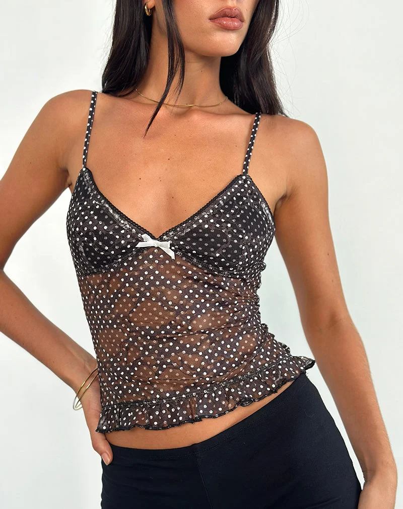 Rumaysa Cami Top in Mini Polka Schwarz und Weiß Bedruckte Spitze