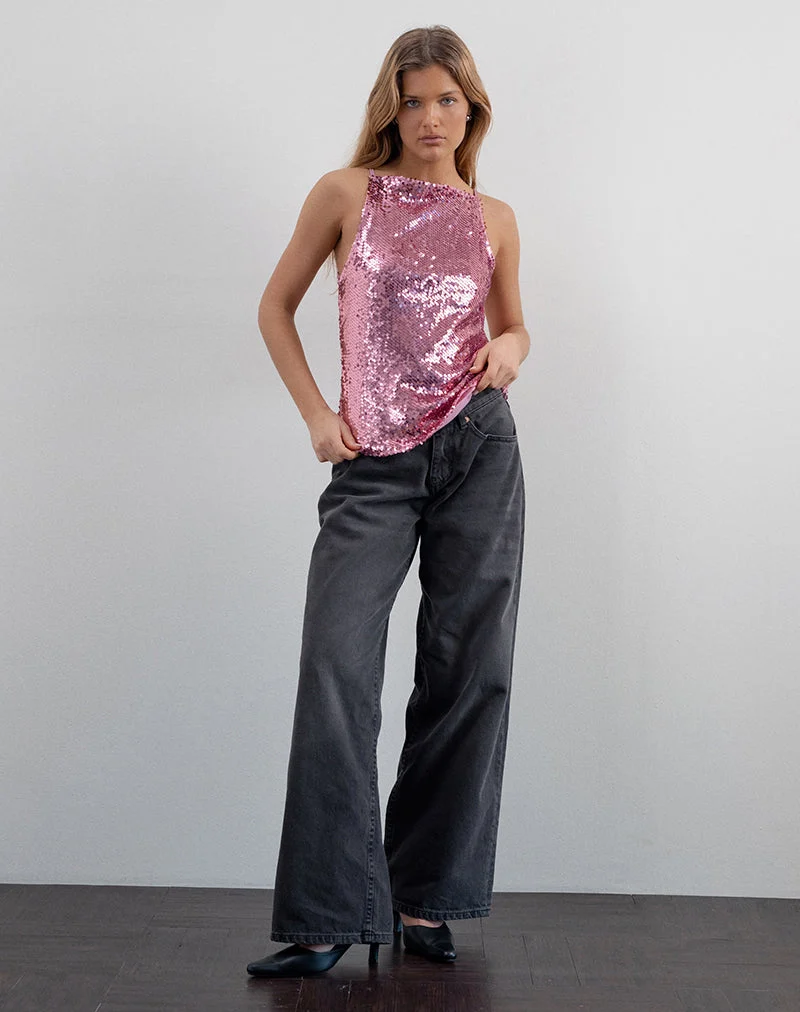 Damske Vest Top in Rosa Pailletten
