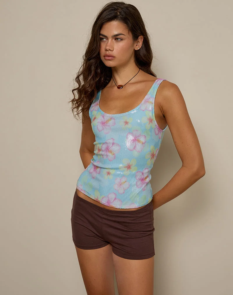 Tampa Top aus Pailletten Blühende Blume Blau