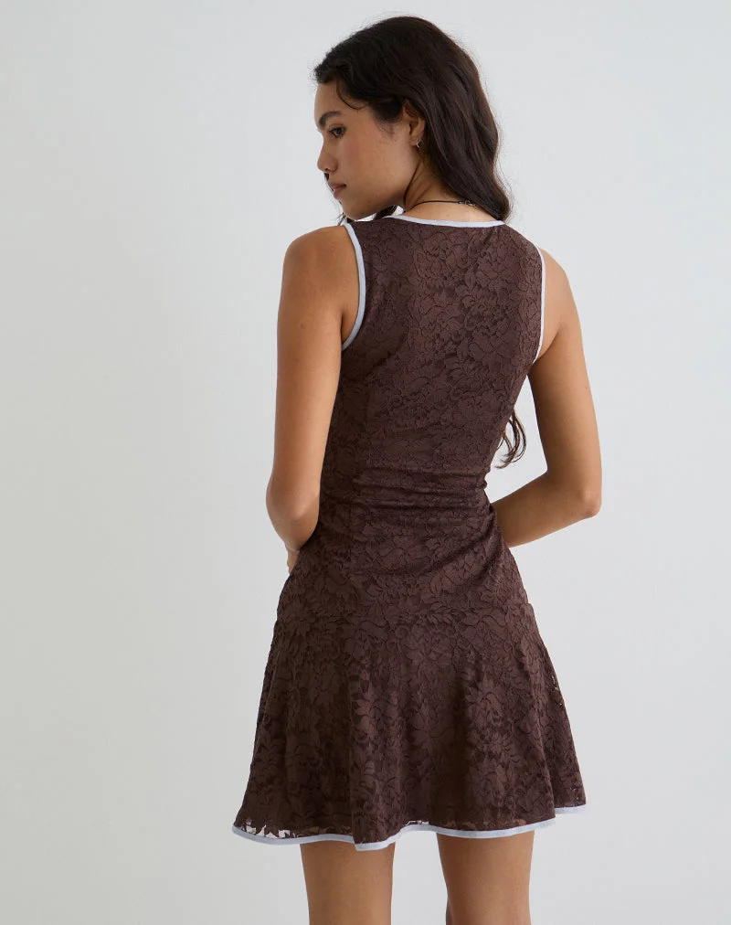 Luscian Minikleid aus schokoladenfarbener Spitze mit blauer Borte