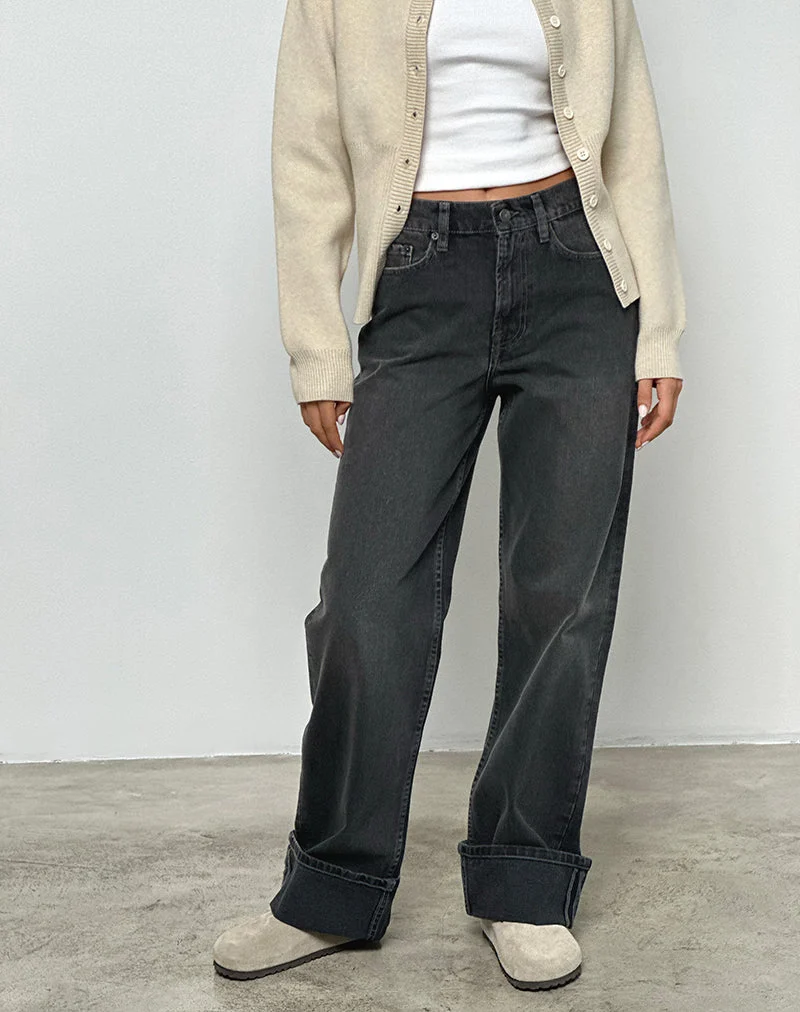 Mid Rise Turn Up Straight Jeans aus gewaschenem Schwarz Grau