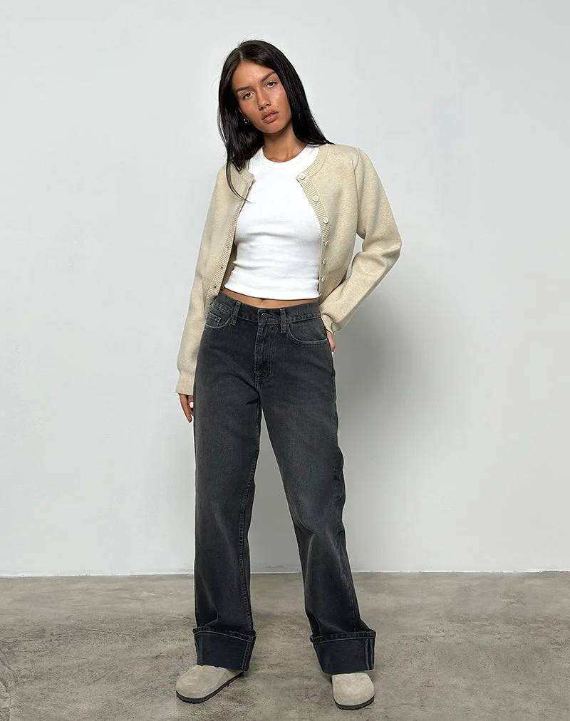 Mid Rise Turn Up Straight Jeans aus gewaschenem Schwarz Grau