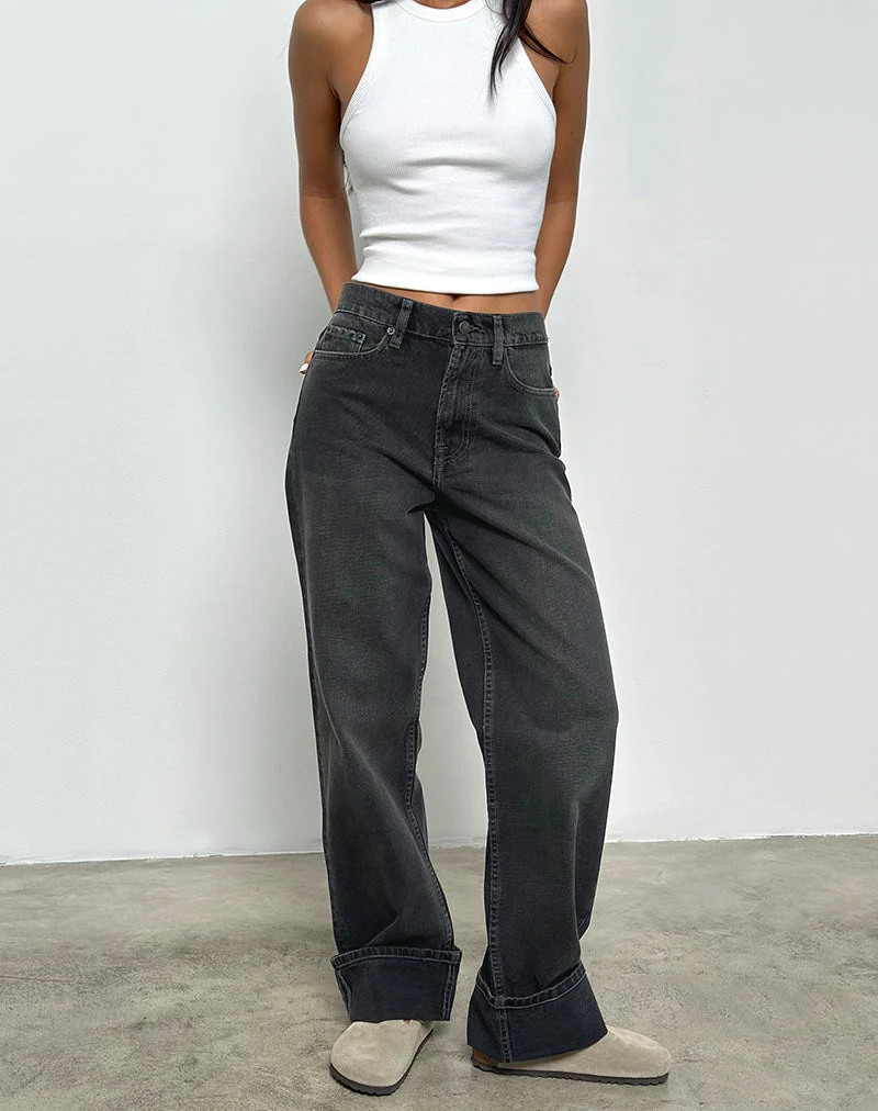 Mid Rise Turn Up Straight Jeans aus gewaschenem Schwarz Grau