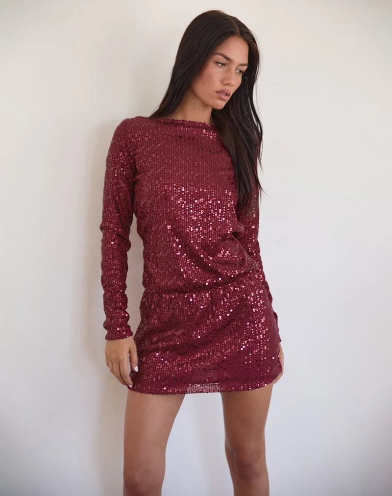 Jasilia Langärmeliges Minikleid aus hauchdünnem Paillettenstoff Rot