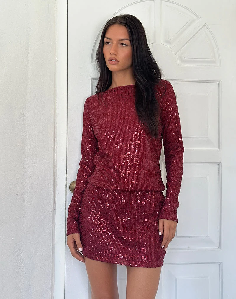 Jasilia Langärmeliges Minikleid aus hauchdünnem Paillettenstoff Rot