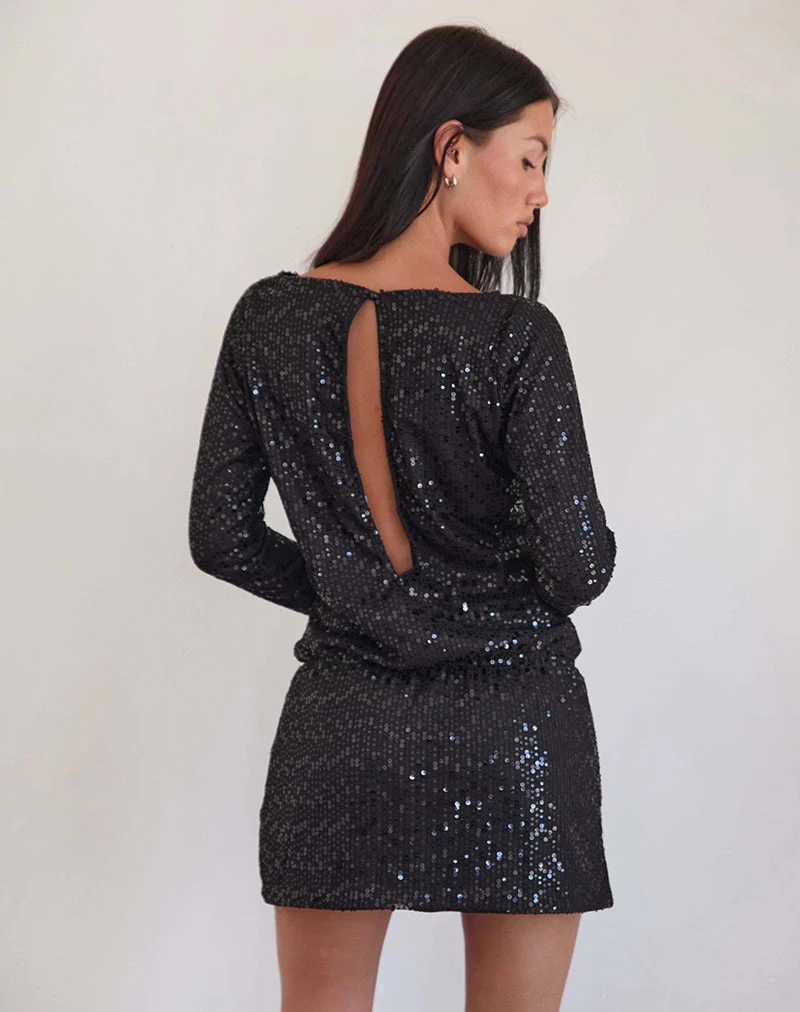 Jasilia Langärmeliges Minikleid aus hauchdünnem Paillettenstoff Schwarz