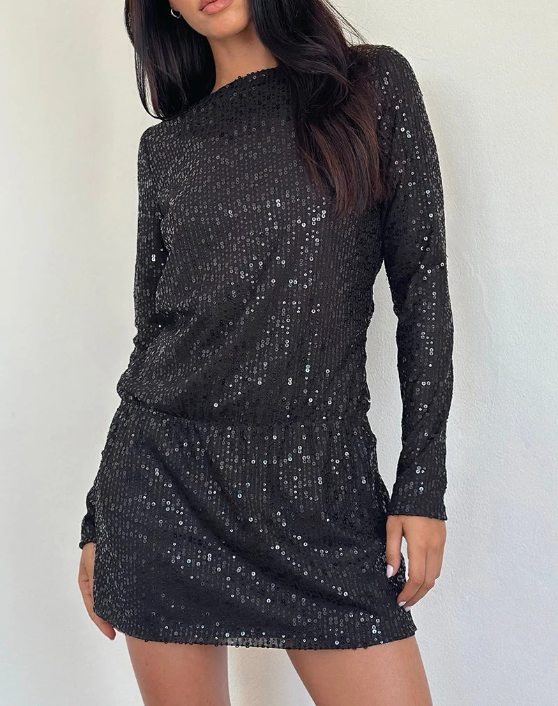 Jasilia Langärmeliges Minikleid aus hauchdünnem Paillettenstoff Schwarz