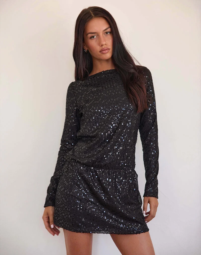 Jasilia Langärmeliges Minikleid aus hauchdünnem Paillettenstoff Schwarz