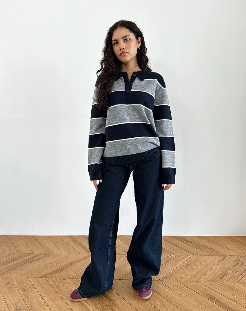 Yusnada Übergroßer Rugby-Pullover in Marineblau und Grau gestreift