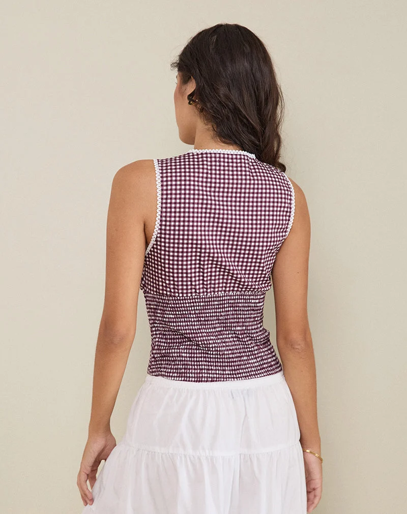 Hevalis Plunge Top in Mini Gingham Wein