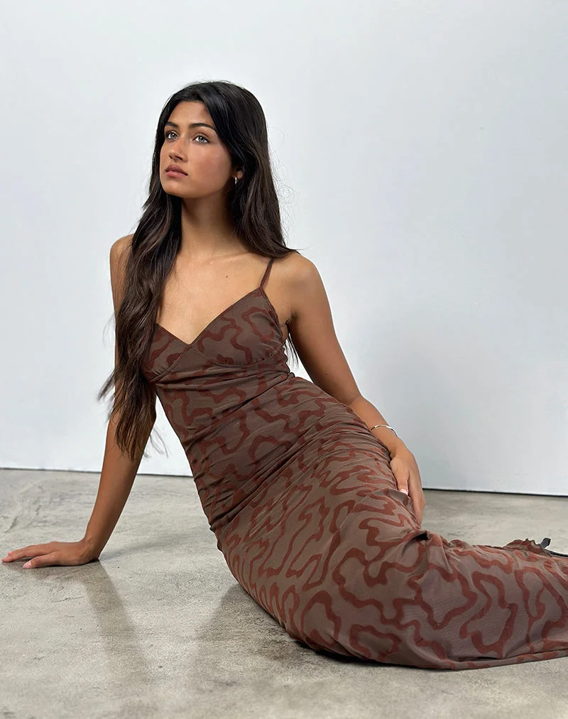Kalana Maxikleid in Braun Swirl Flock