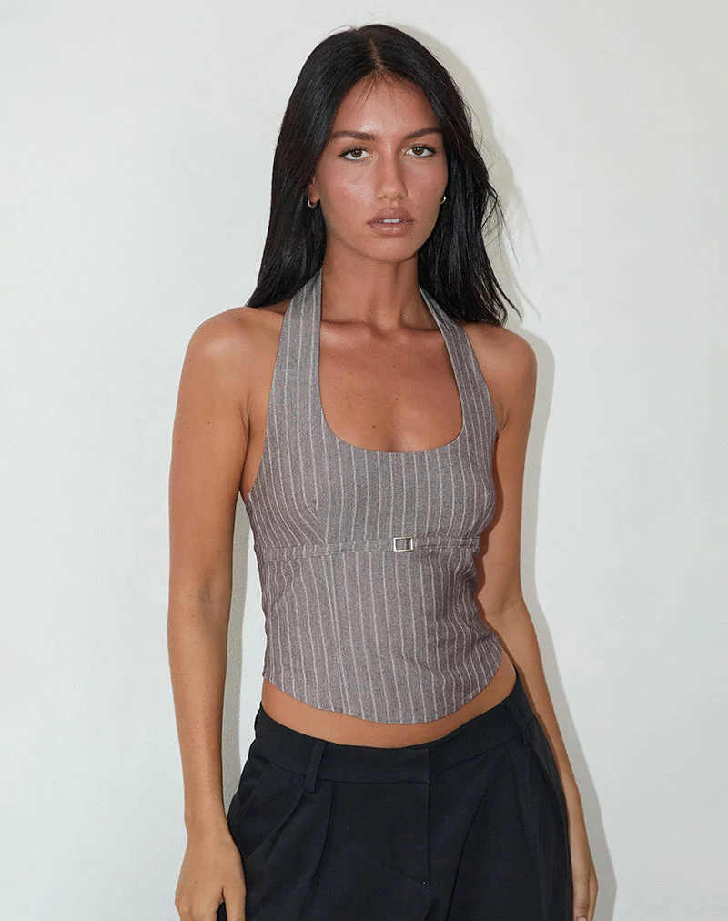 Nasya Neckholder-Top in Taupe Nadelstreifen Tailoring