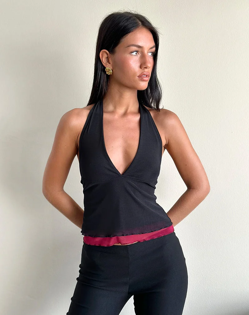 Kubra Neckholder-Top aus Mesh Schwarz und Rot