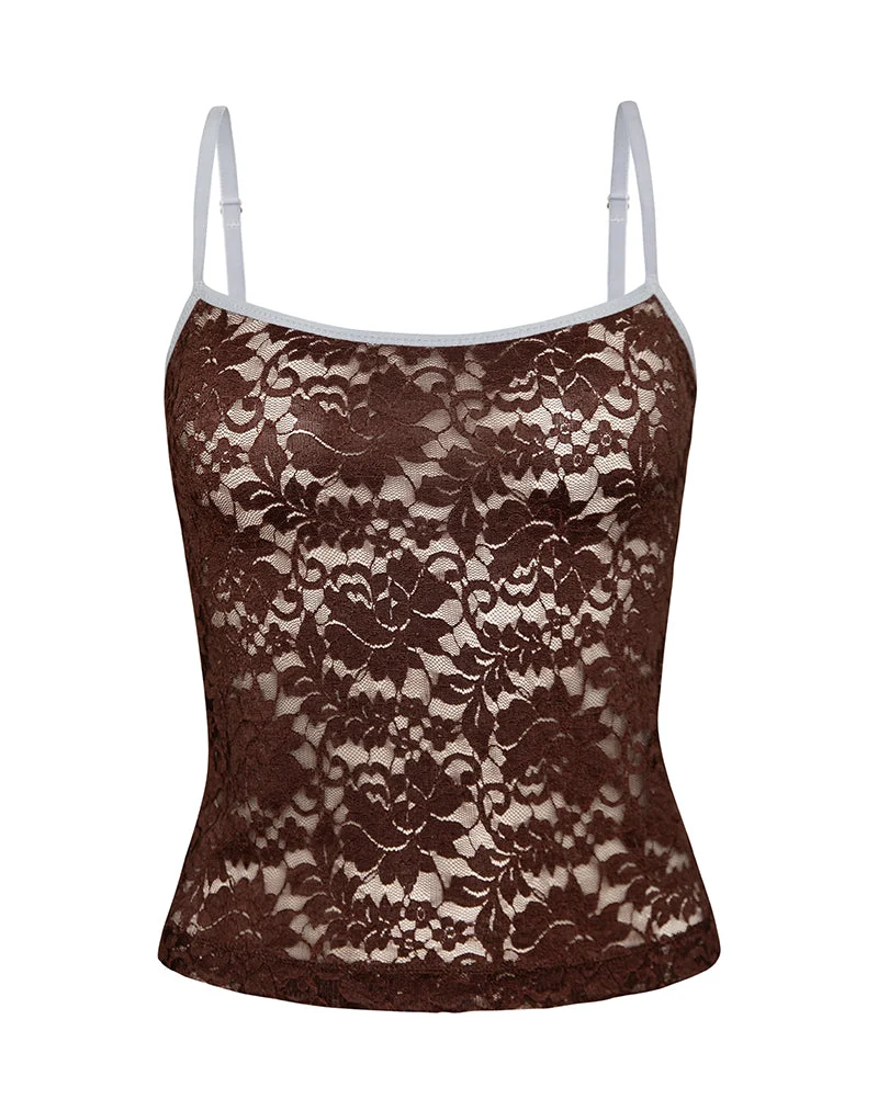 Redum Cami Top aus schokoladenfarbener Spitze mit blauer Borte