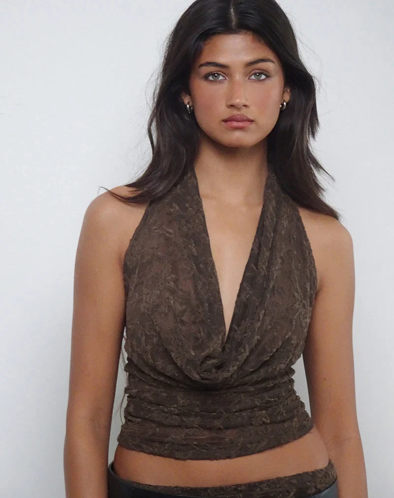 Kylo Neckholder-Top aus Jacquard-Strick Dunkelbraun