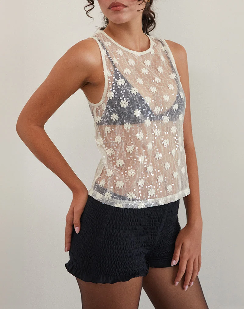 Franka Tank Top aus Paillettenspitze Elfenbein