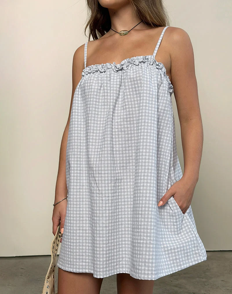 Kamalani-Kleid in Mini-Gingham Blau und Grau