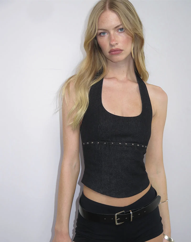 Nasya Neckholder-Top in Chambray Nieten Schwarz