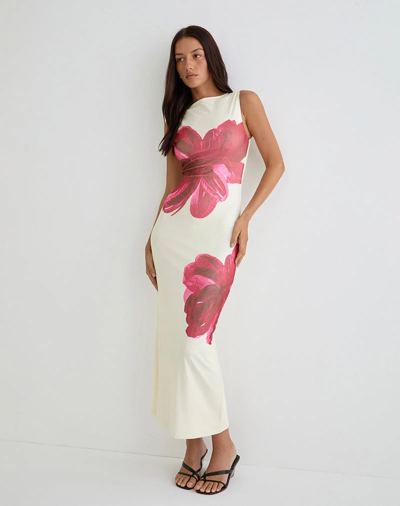 Fayola Bedrucktes Maxikleid in Creme mit roter Aquarellblume
