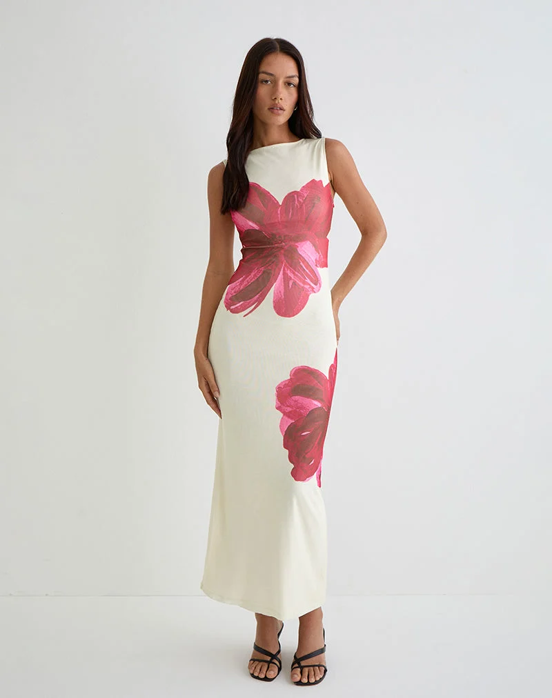 Fayola Bedrucktes Maxikleid in Creme mit roter Aquarellblume