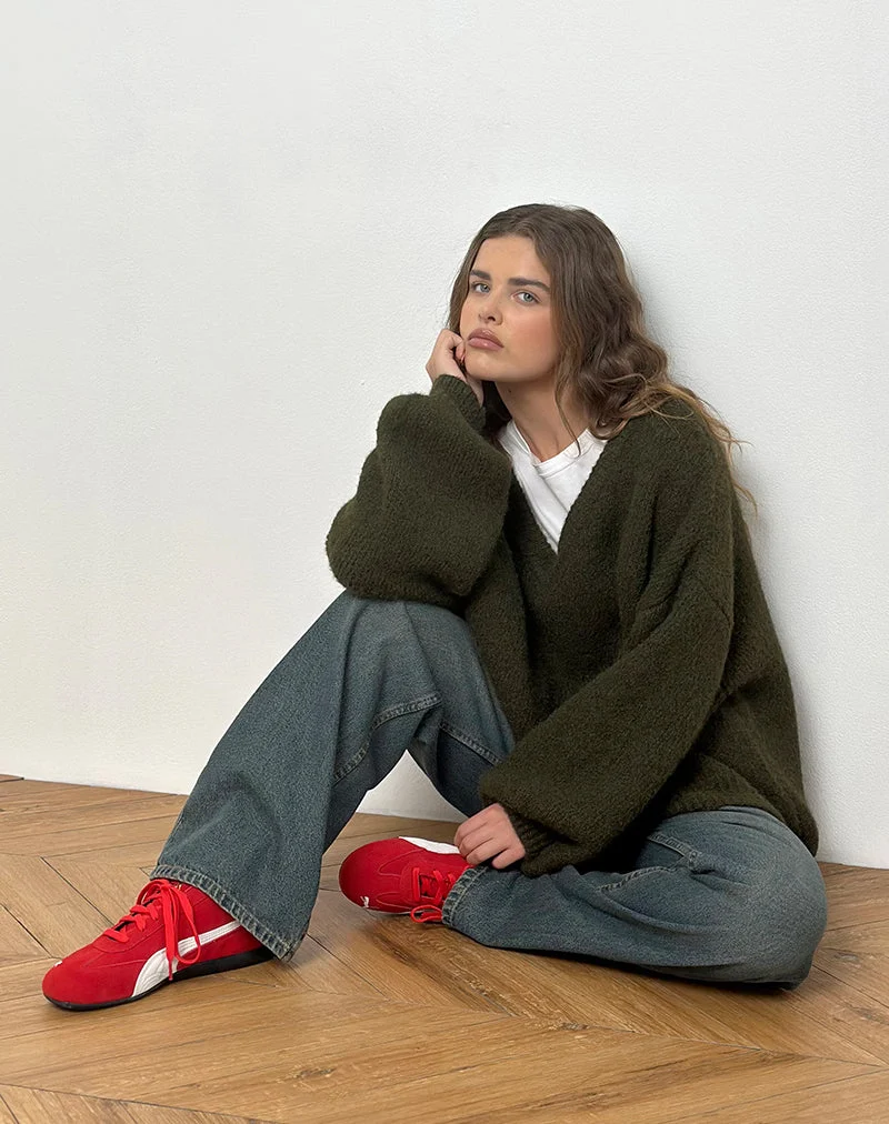 Asato Pullover mit klobigem V-Ausschnitt in gebürstetem Khaki