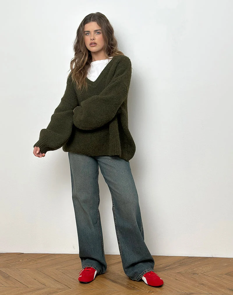 Asato Pullover mit klobigem V-Ausschnitt in gebürstetem Khaki