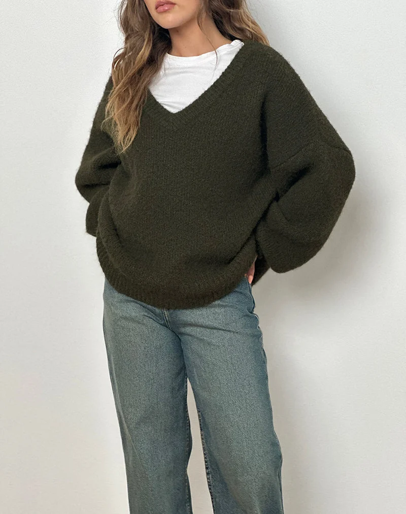 Asato Pullover mit klobigem V-Ausschnitt in gebürstetem Khaki
