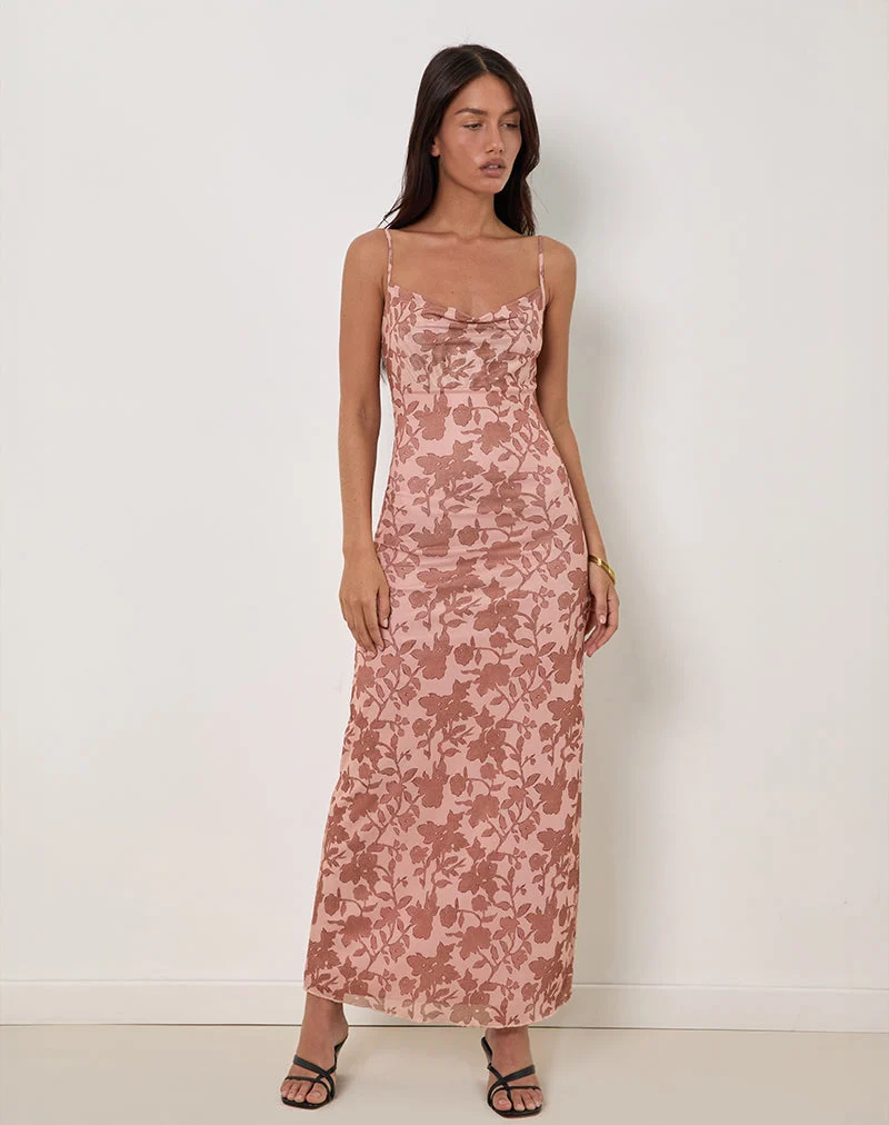 Dasita Maxikleid mit Rundhalsausschnitt und neutralem Blumenmuster