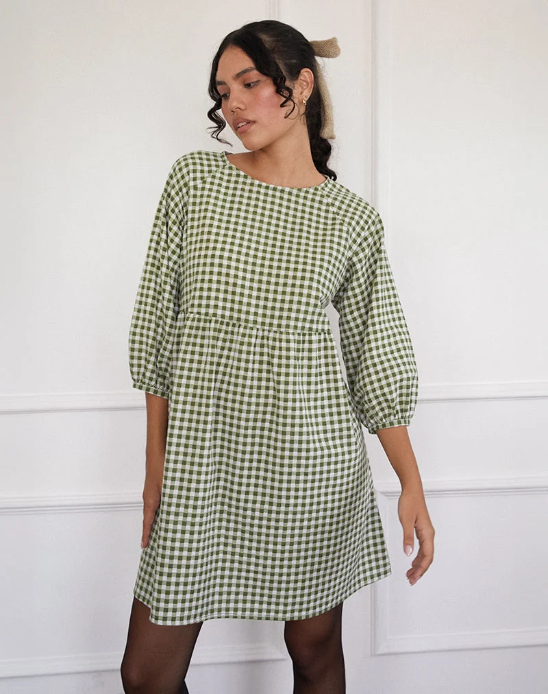 Grace Smock-Minikleid aus olivem Gingham