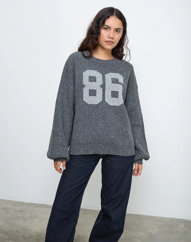 Namari-Pullover aus grauem Strick mit 86er-Motiv