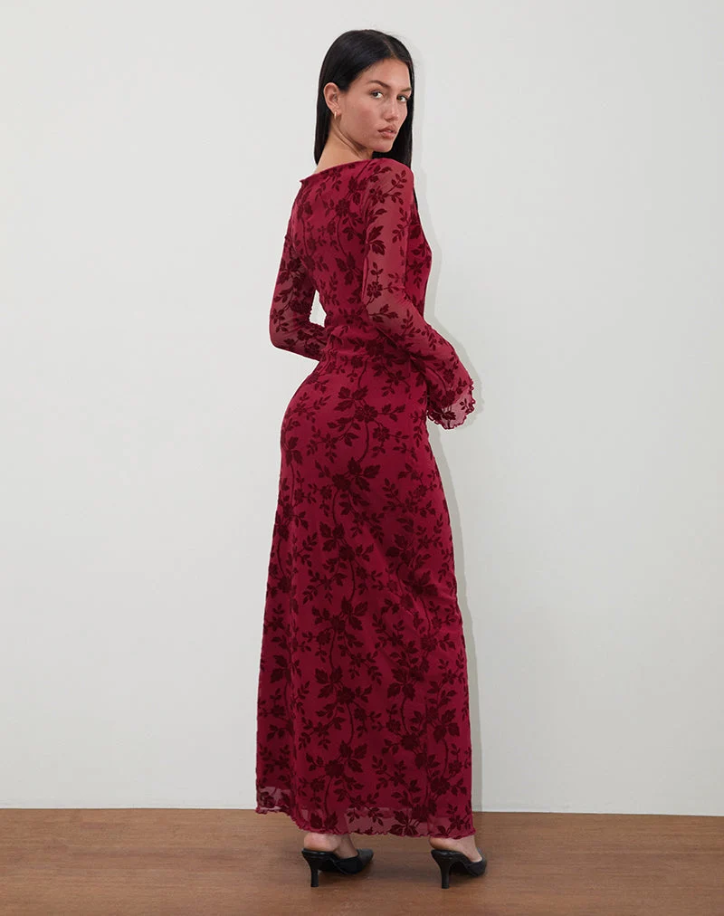 Slokya Langärmeliges Maxikleid in Vine Floral Flock Cherry
