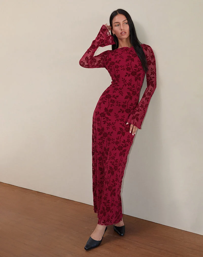 Slokya Langärmeliges Maxikleid in Vine Floral Flock Cherry
