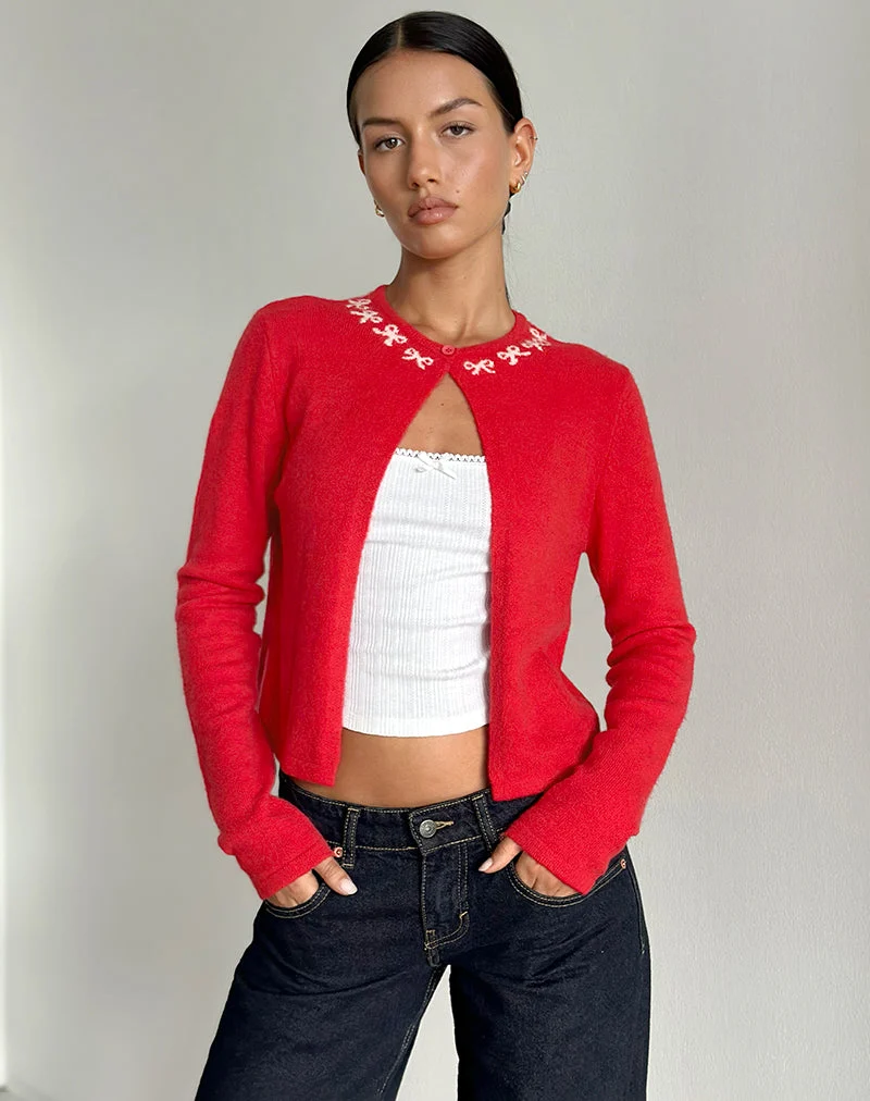 Wunara Strickjacke in Rot mit rosa Schleifen