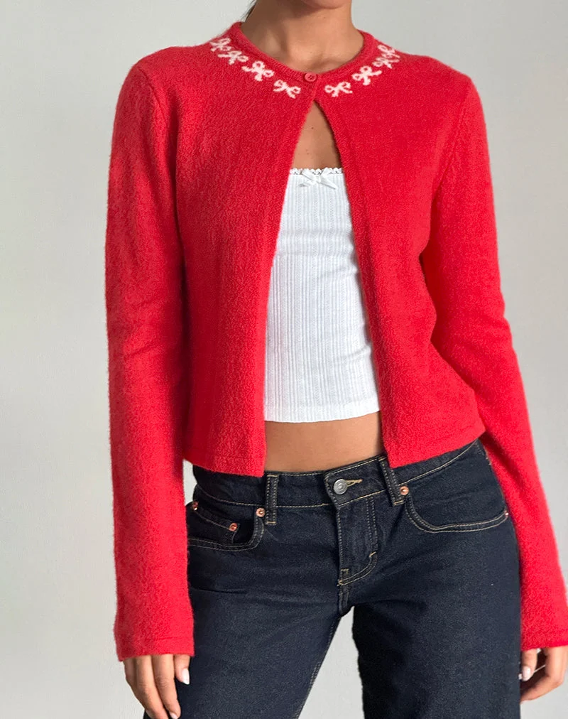 Wunara Strickjacke in Rot mit rosa Schleifen