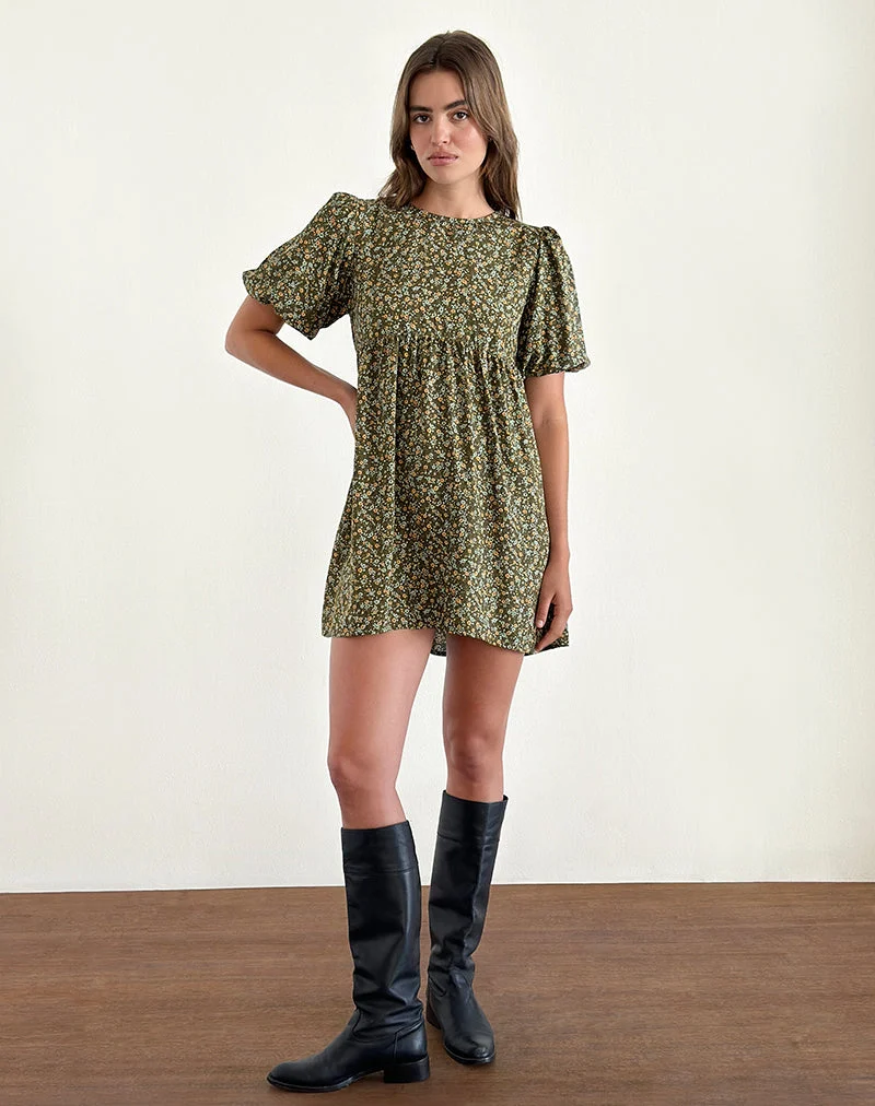 Marate Minikleid mit Puffärmeln in Grunge Floral Khaki