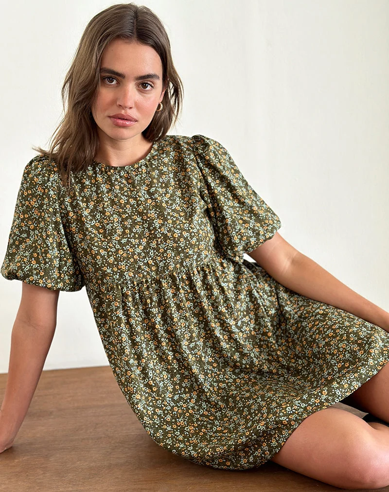 Marate Minikleid mit Puffärmeln in Grunge Floral Khaki