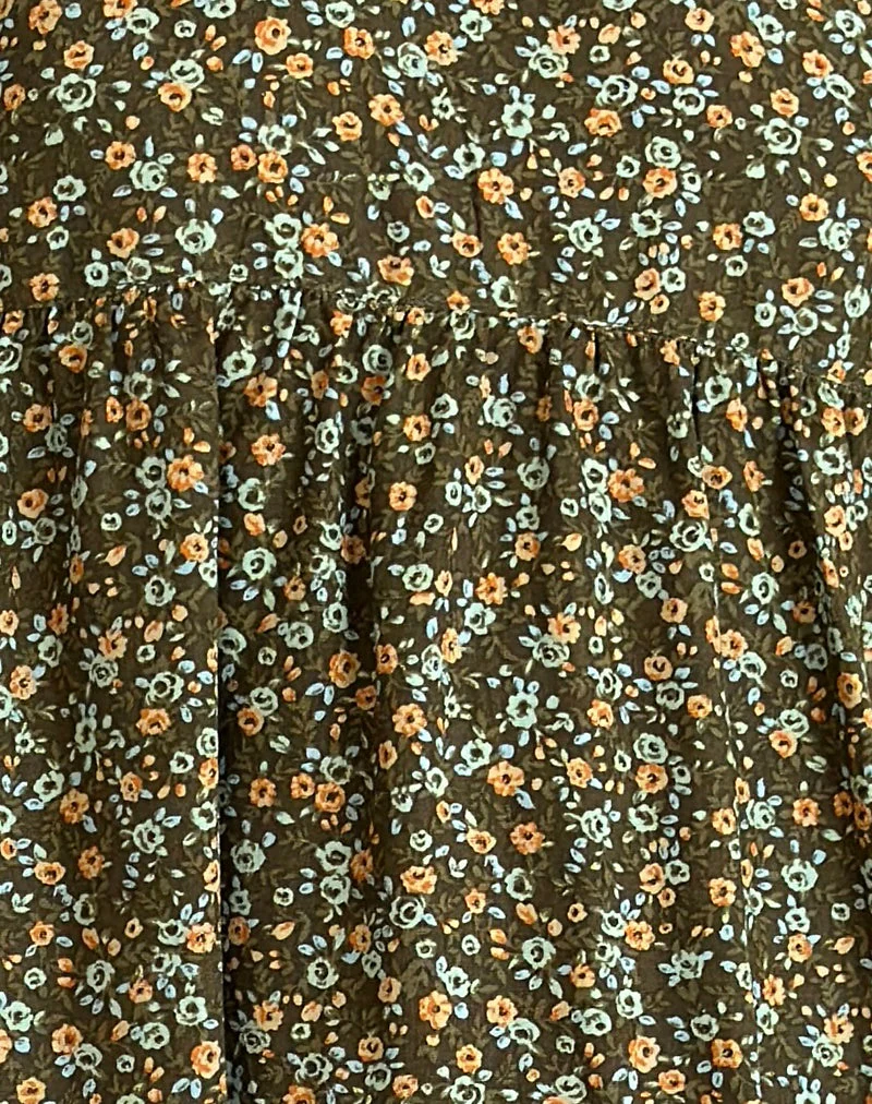 Marate Minikleid mit Puffärmeln in Grunge Floral Khaki