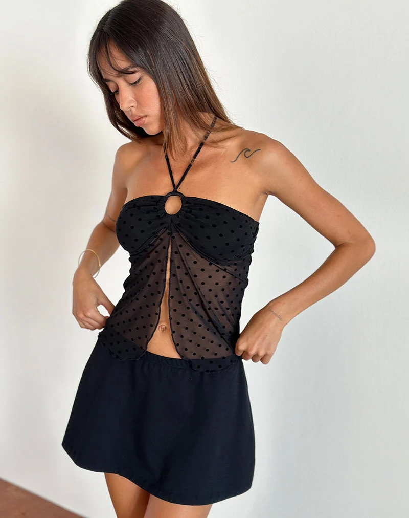 Janar Neckholder-Top aus Basic-Polka-Flock Schwarz