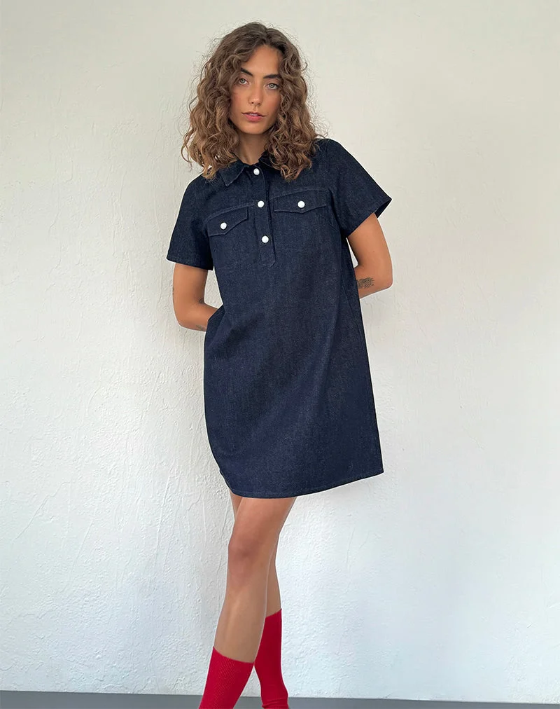 Reiga Smock Minikleid aus Denim Indigo